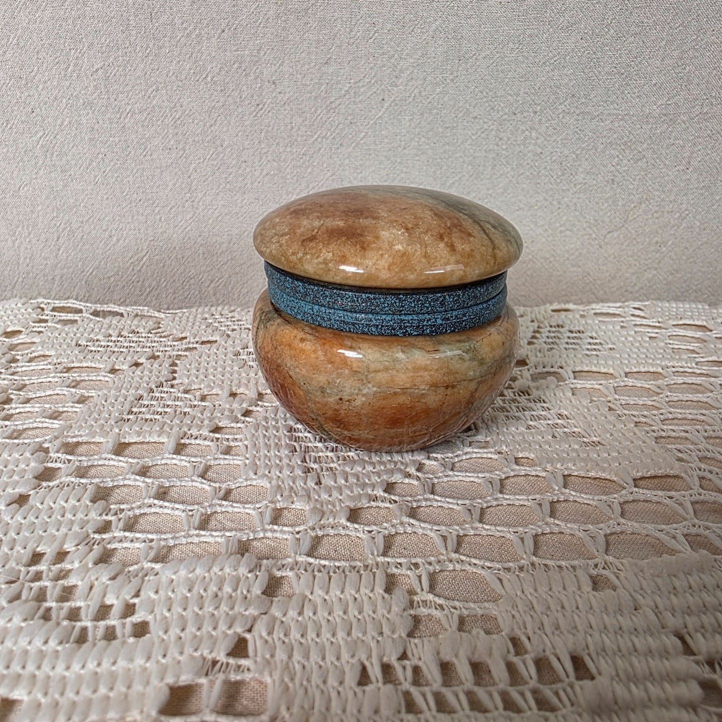Vintage Italian Pier 1 Imports Alabaster Trinket Box Hinged Lid Blue Accent 2" Diameter 1.75" Tall