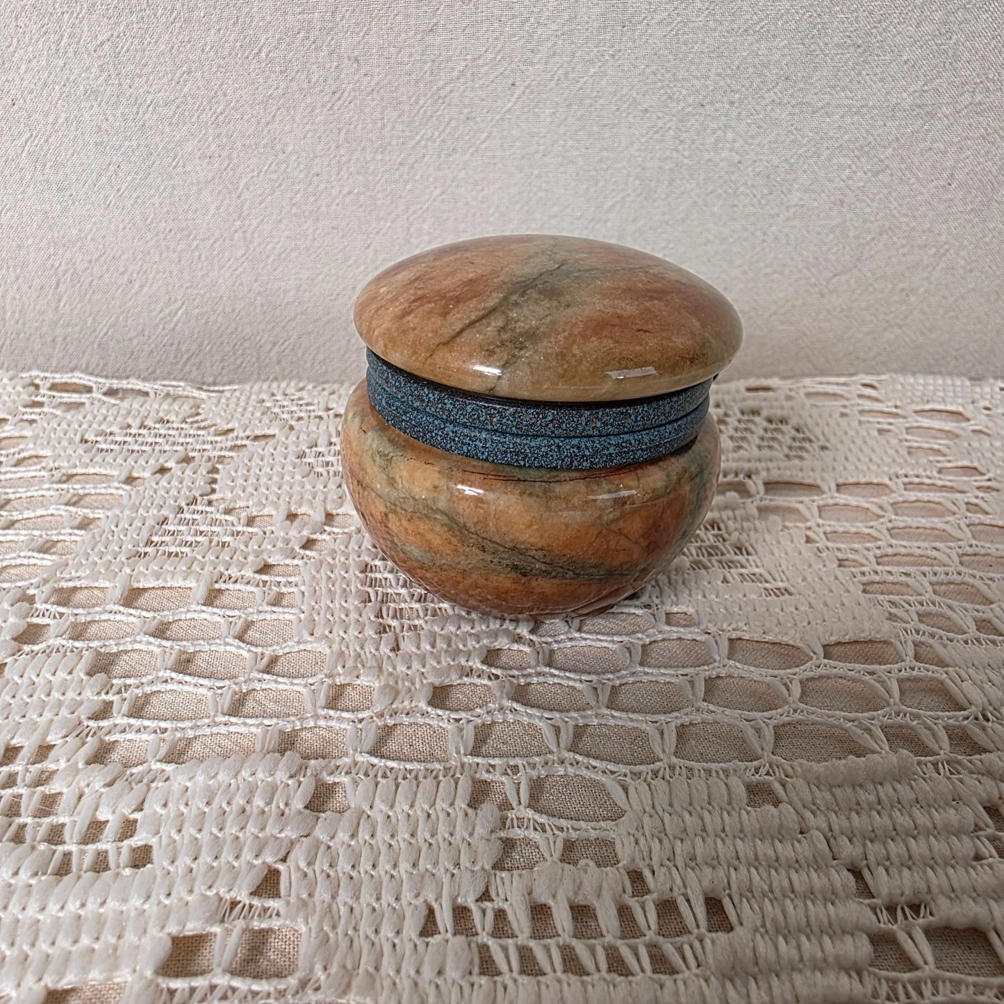 Vintage Italian Pier 1 Imports Alabaster Trinket Box Hinged Lid Blue Accent 2" Diameter 1.75" Tall