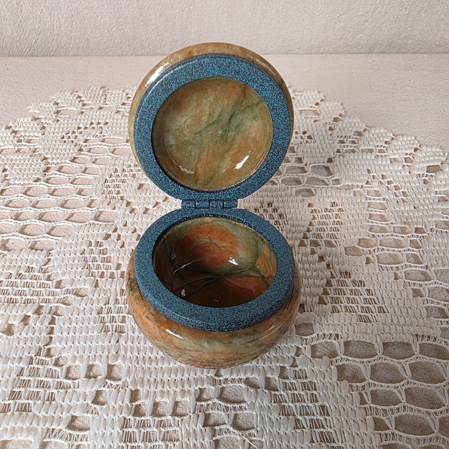 Vintage Italian Pier 1 Imports Alabaster Trinket Box Hinged Lid Blue Accent 2" Diameter 1.75" Tall