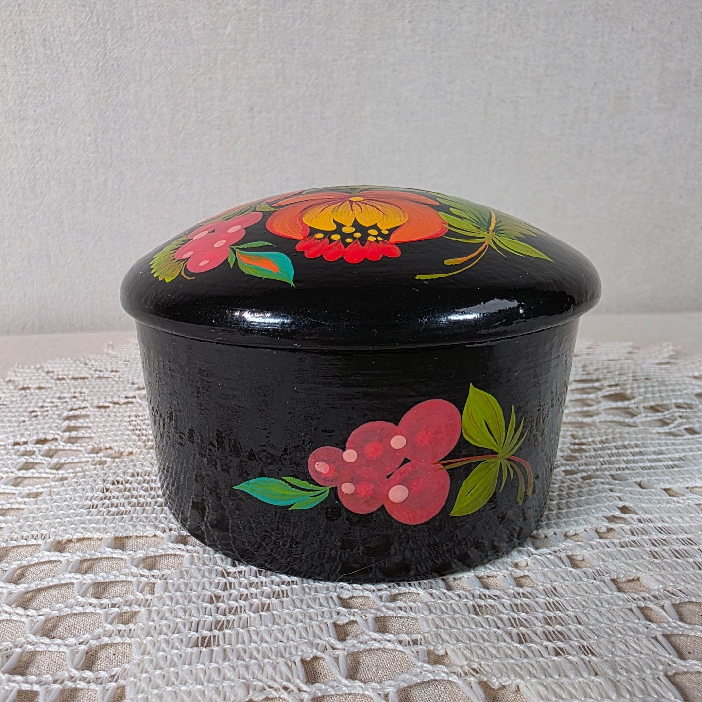 Vintage Russian Hand Painted Wooden Lacquer Floral Trinket Box