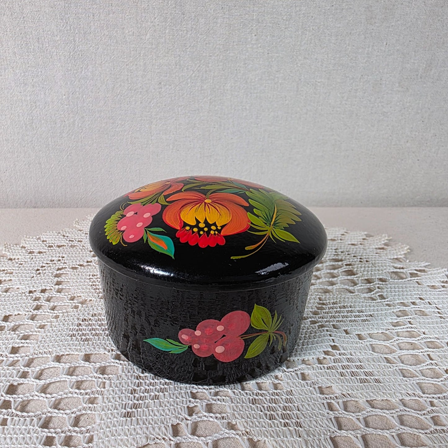 Vintage Russian Hand Painted Wooden Lacquer Floral Trinket Box