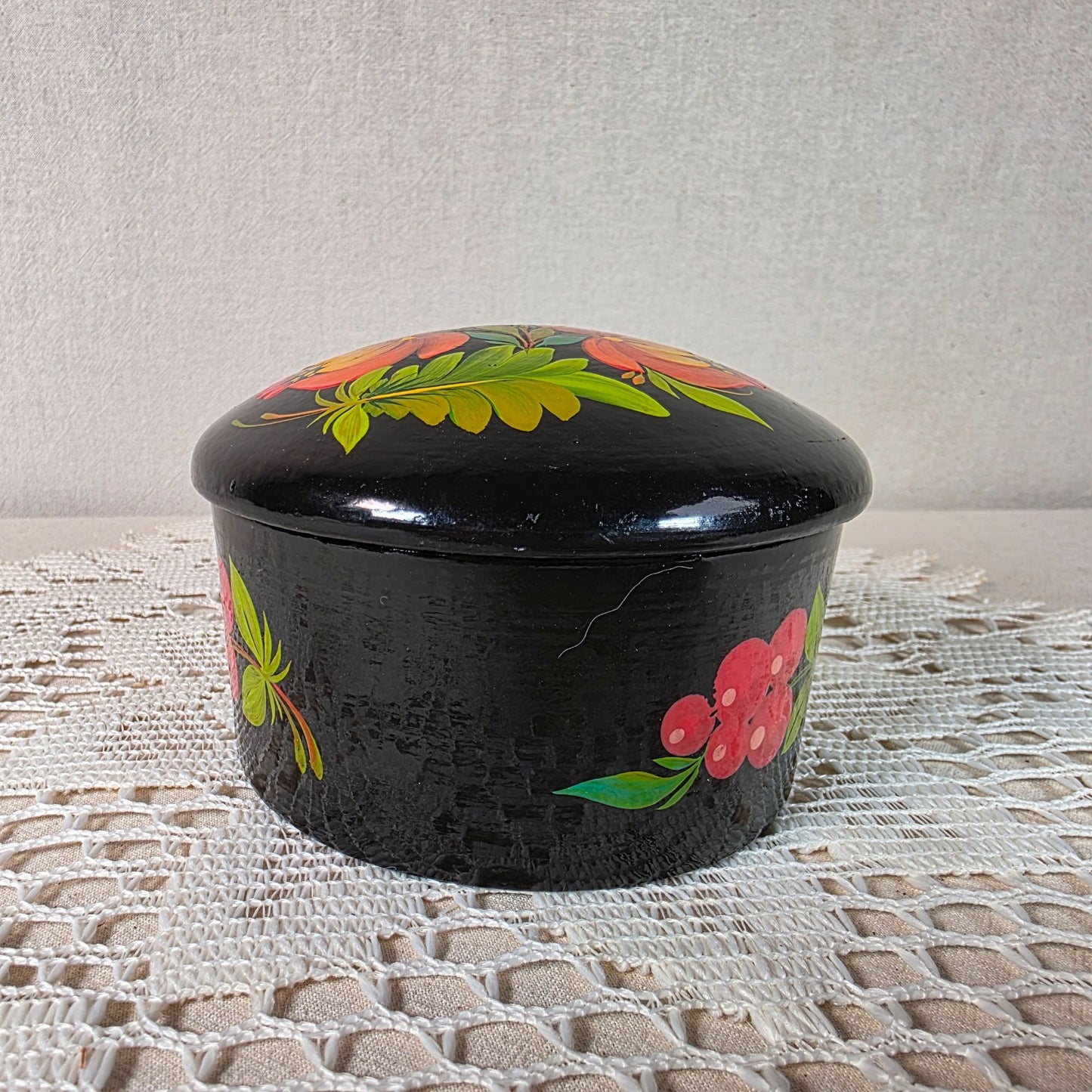 Vintage Russian Hand Painted Wooden Lacquer Floral Trinket Box