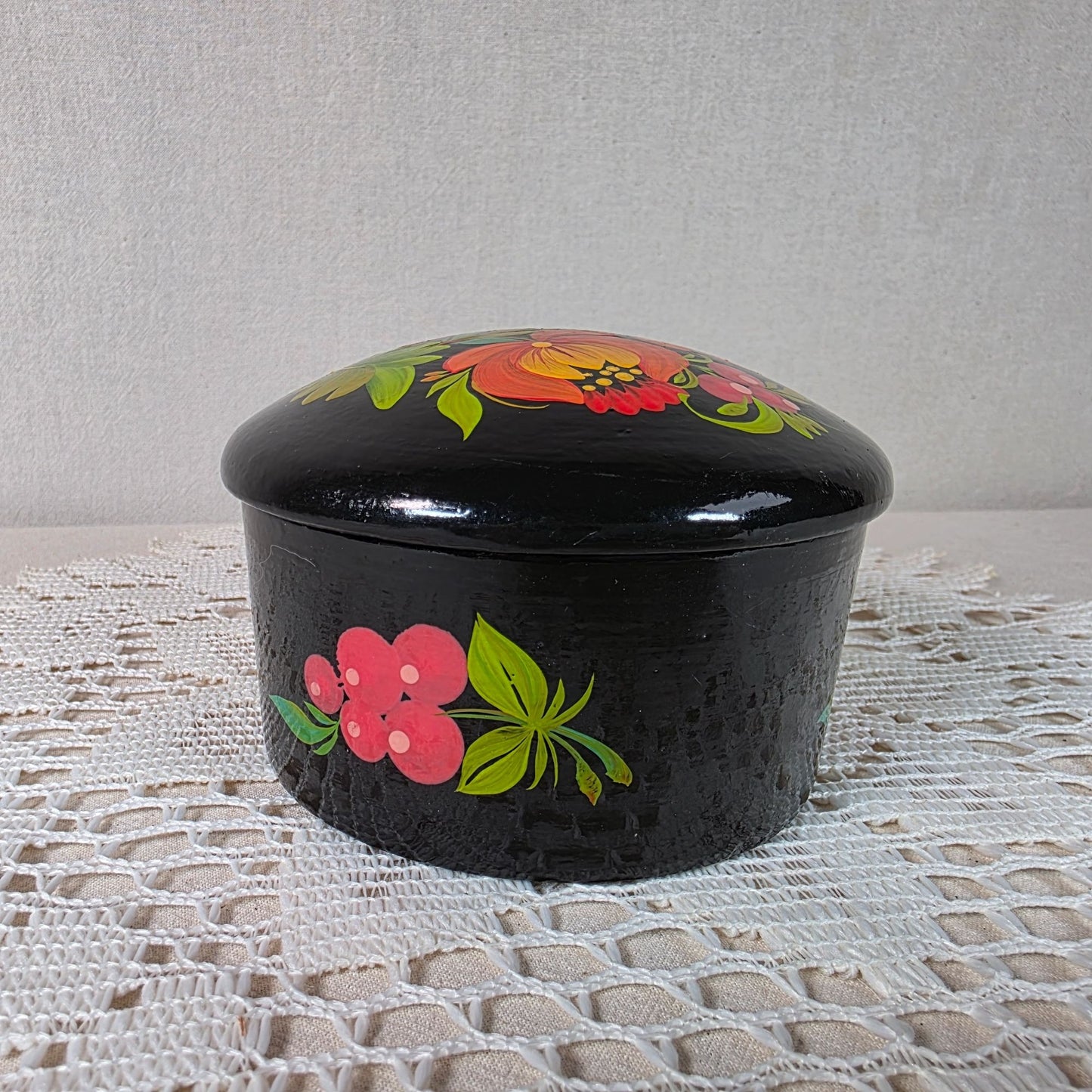 Vintage Russian Hand Painted Wooden Lacquer Floral Trinket Box
