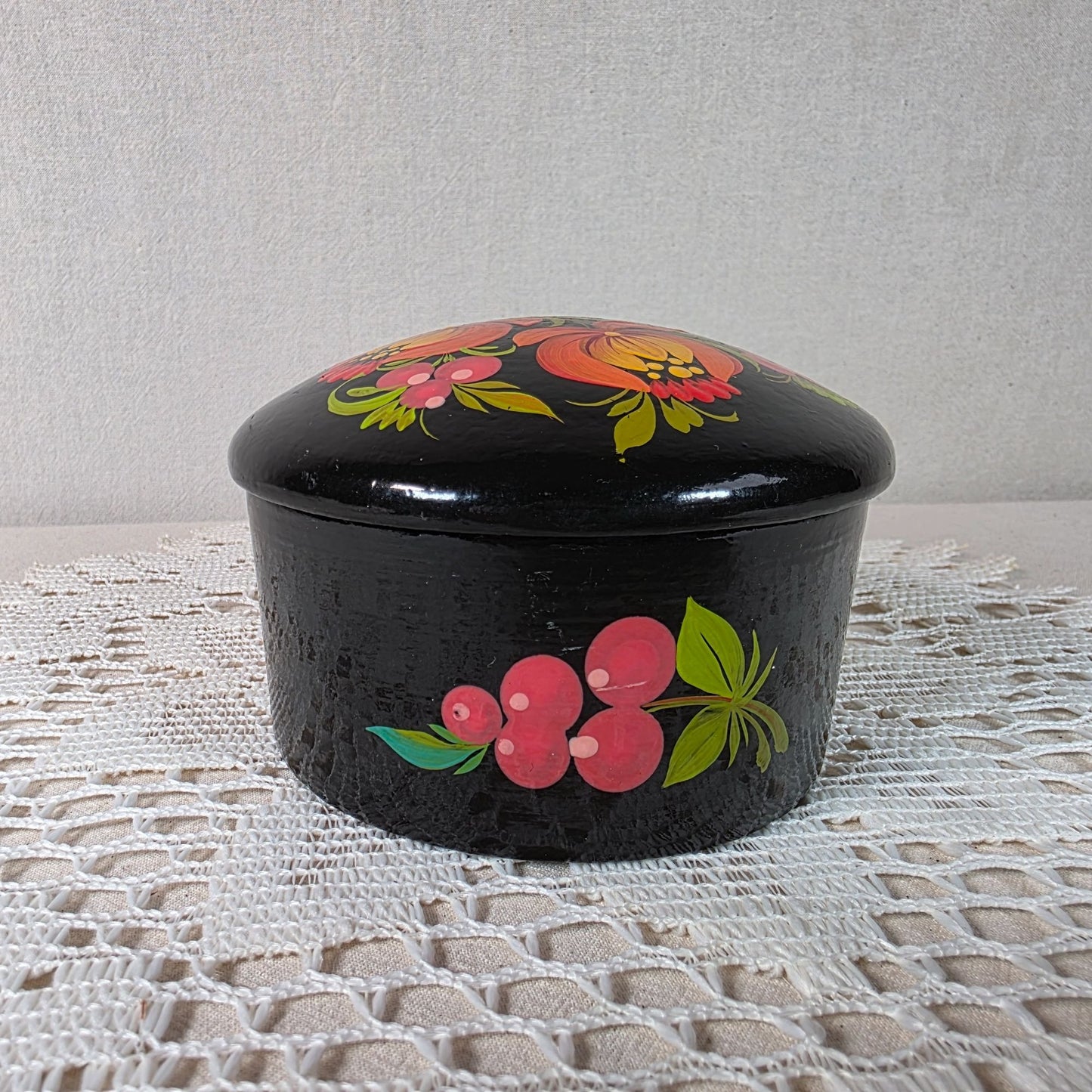 Vintage Russian Hand Painted Wooden Lacquer Floral Trinket Box