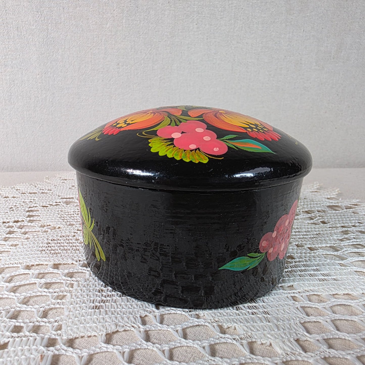 Vintage Russian Hand Painted Wooden Lacquer Floral Trinket Box
