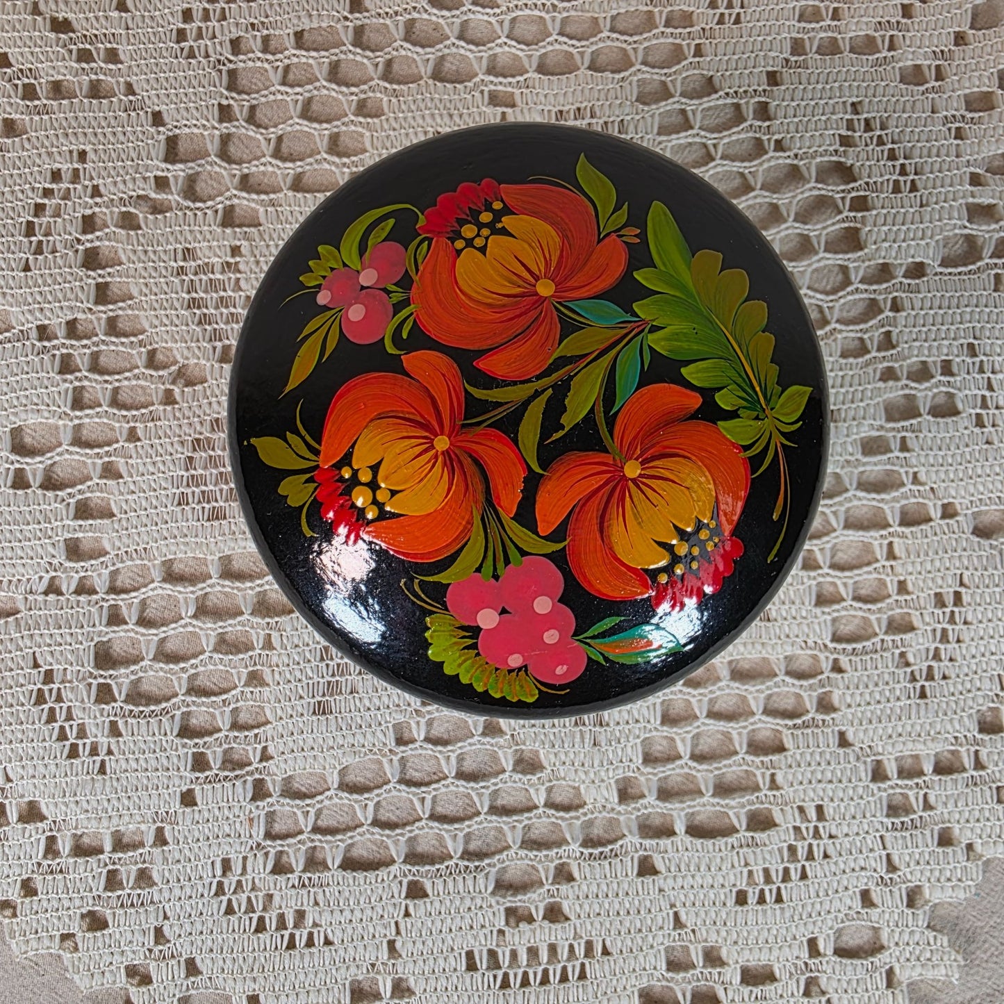 Vintage Russian Hand Painted Wooden Lacquer Floral Trinket Box