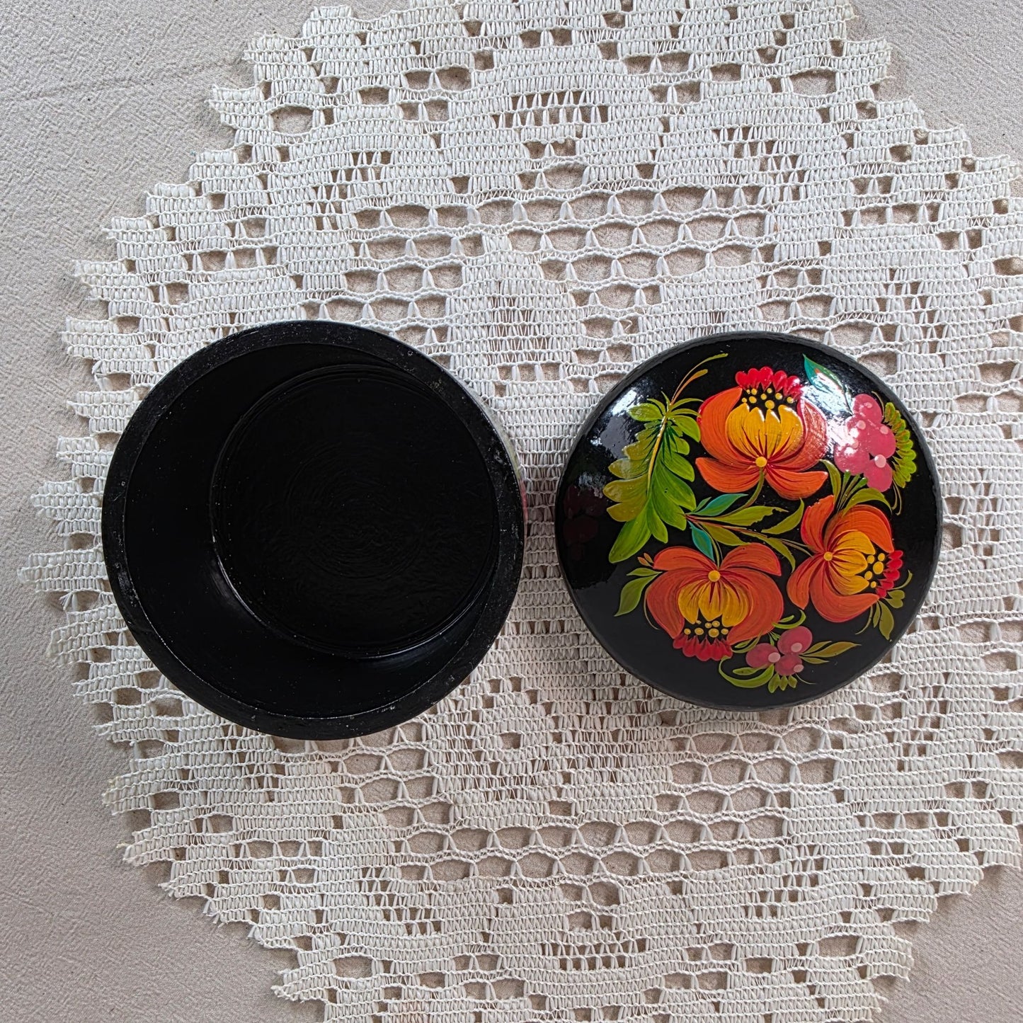 Vintage Russian Hand Painted Wooden Lacquer Floral Trinket Box