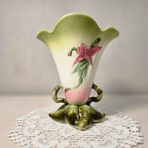 Vintage Hull Ceramic Floral Vase With Hand-Painted Pink Lily Design & Green Accents