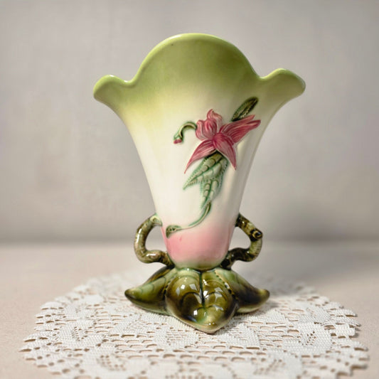 Vintage Hull Ceramic Floral Vase With Hand-Painted Pink Lily Design & Green Accents