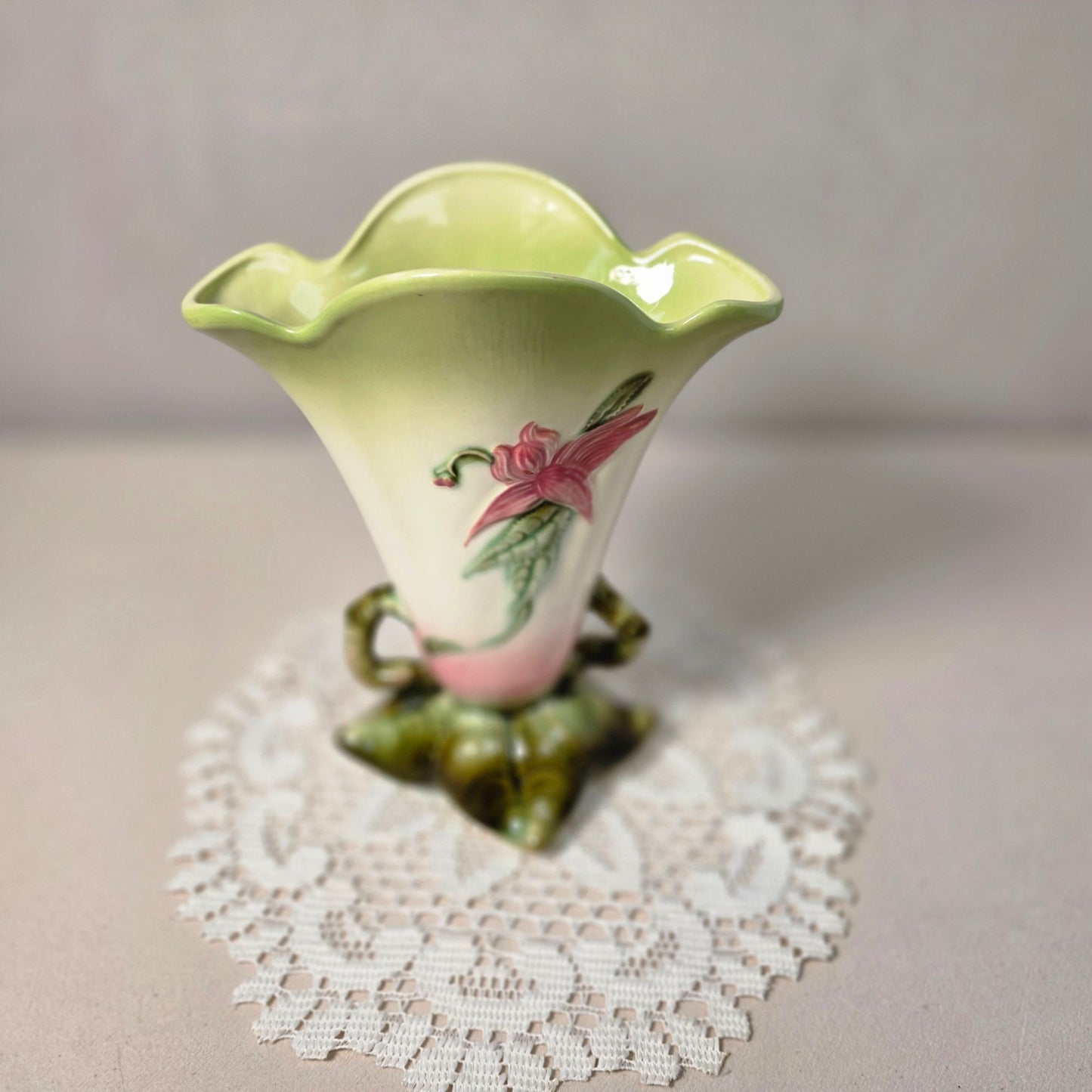 Vintage Hull Ceramic Floral Vase With Hand-Painted Pink Lily Design & Green Accents