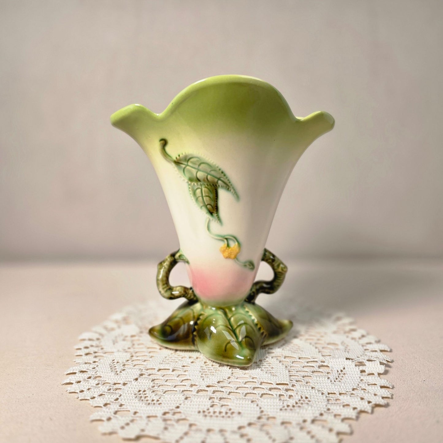 Vintage Hull Ceramic Floral Vase With Hand-Painted Pink Lily Design & Green Accents