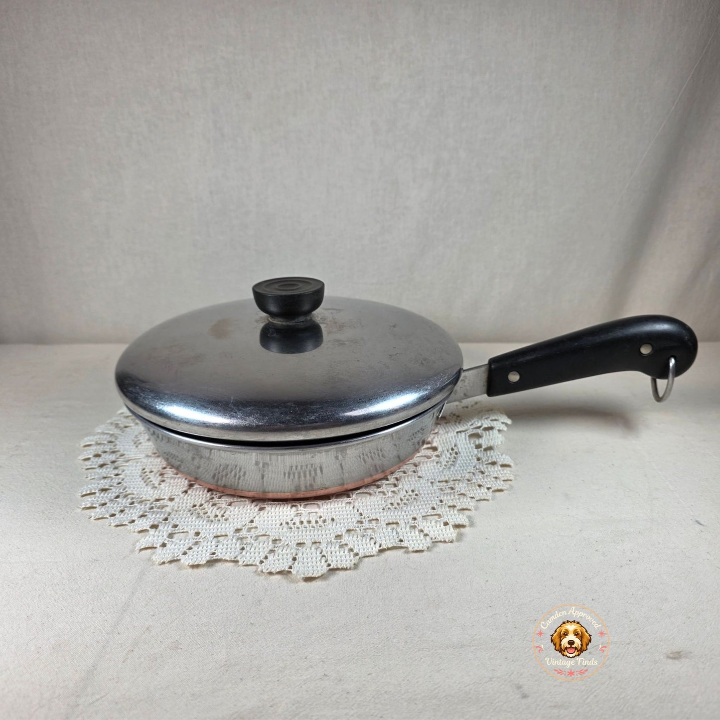 8" Vintage Revere Ware Copper Bottom Skillet With Lid Stainless Steel Black Handle