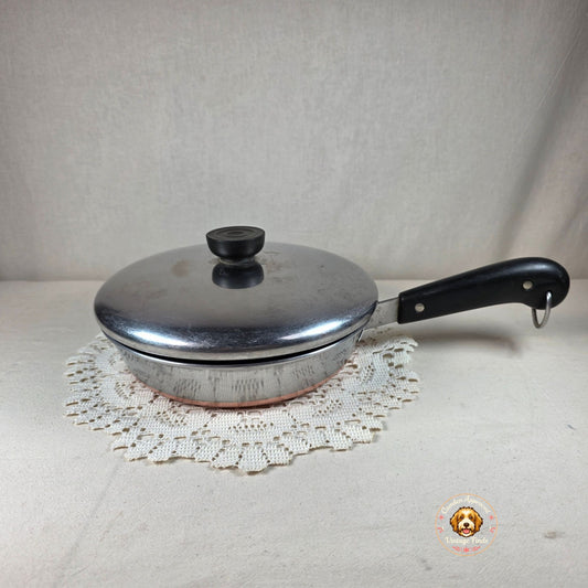 8" Vintage Revere Ware Copper Bottom Skillet With Lid Stainless Steel Black Handle