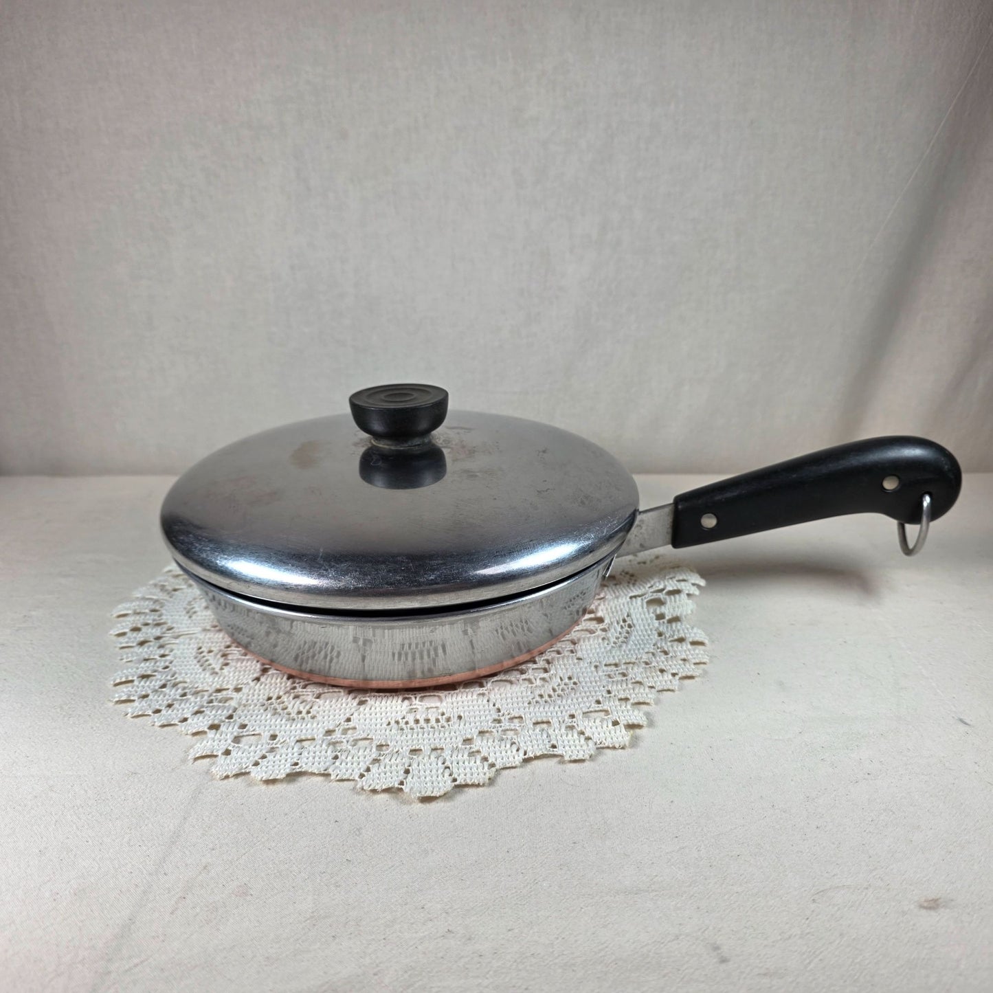 8" Vintage Revere Ware Copper Bottom Skillet With Lid Stainless Steel Black Handle
