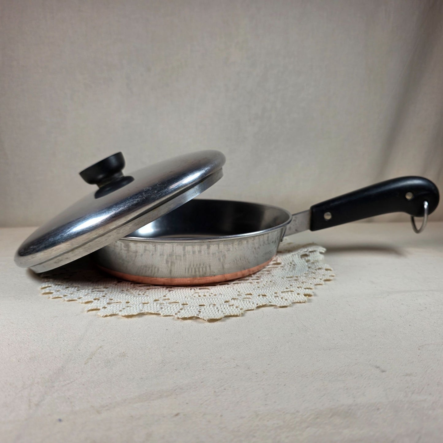 8" Vintage Revere Ware Copper Bottom Skillet With Lid Stainless Steel Black Handle