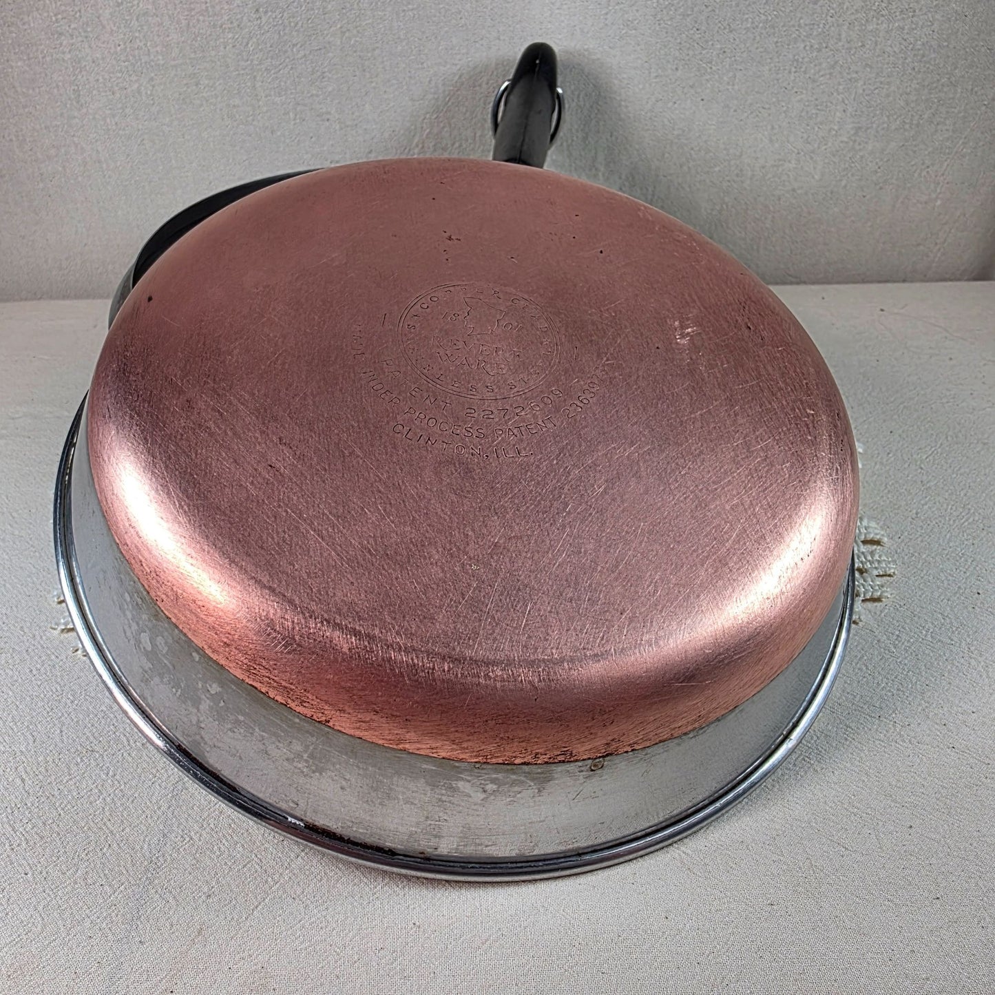 8" Vintage Revere Ware Copper Bottom Skillet With Lid Stainless Steel Black Handle