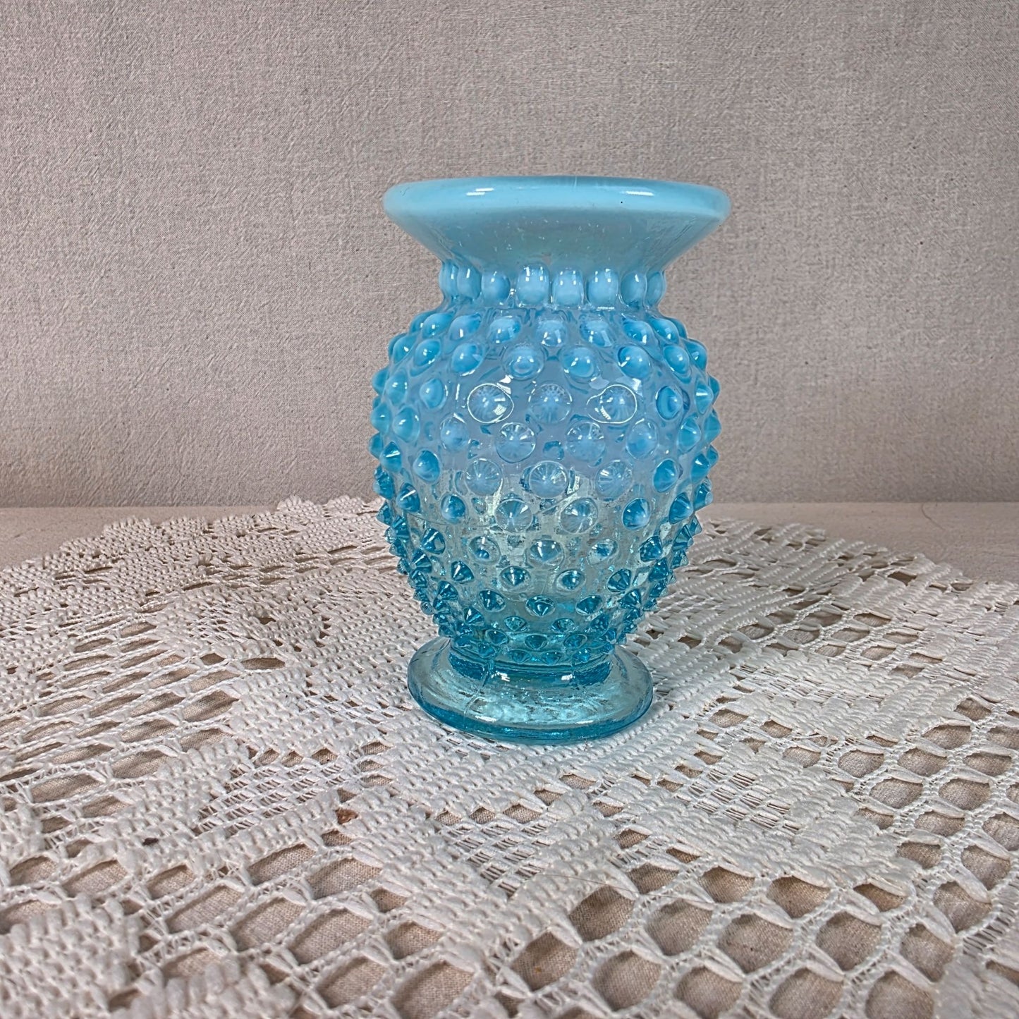 Fenton Blue Opalescent Hobnail Glass Vase 3 2/3"