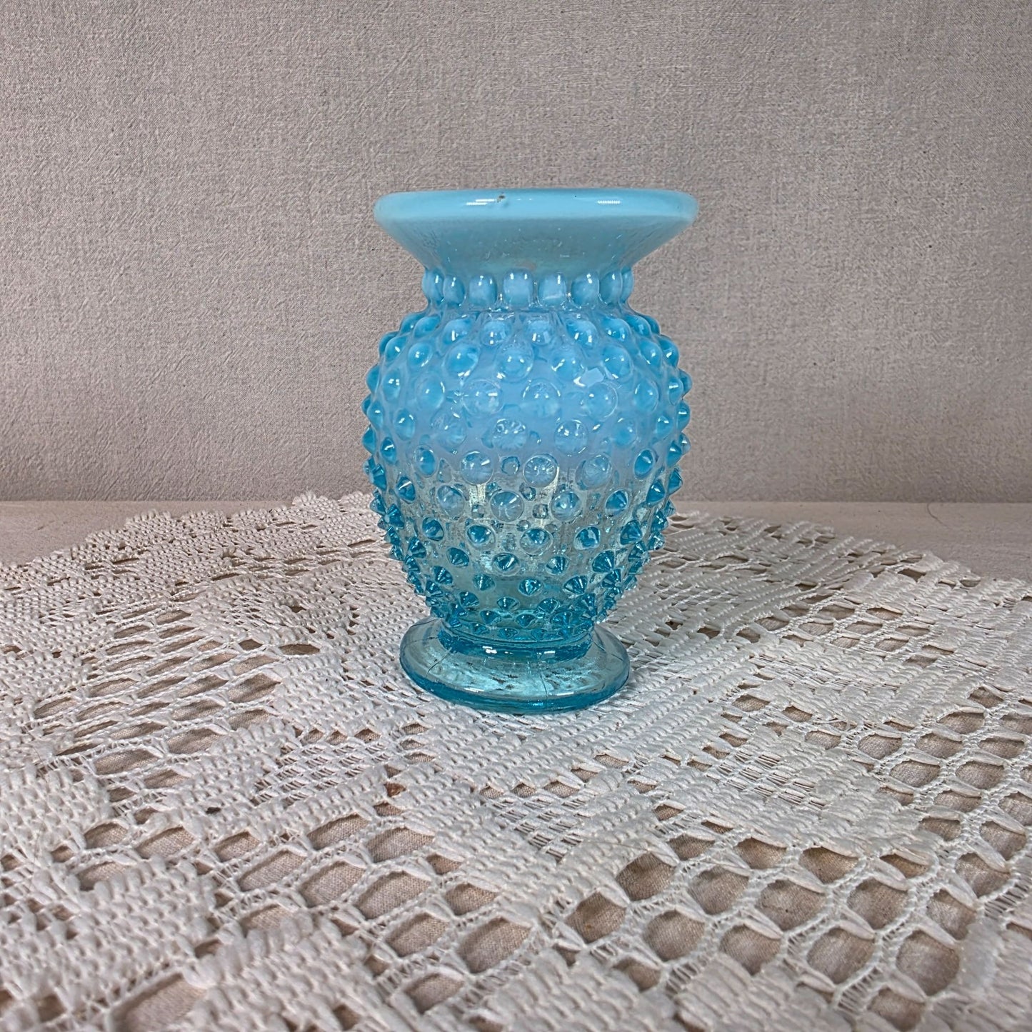 Fenton Blue Opalescent Hobnail Glass Vase 3 2/3"