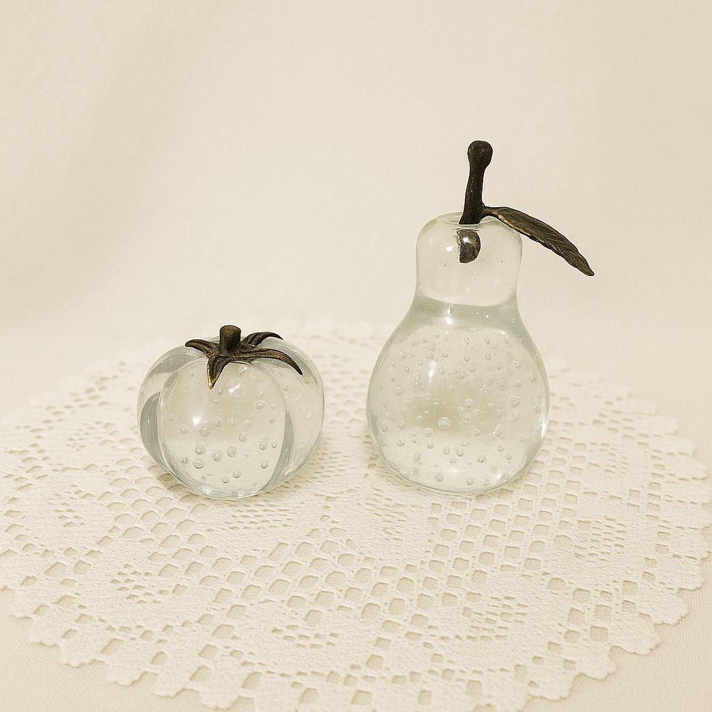 Vintage Art Glass Pumpkin & Pear Paperweight Set – Clear Bubble Controlled Glass