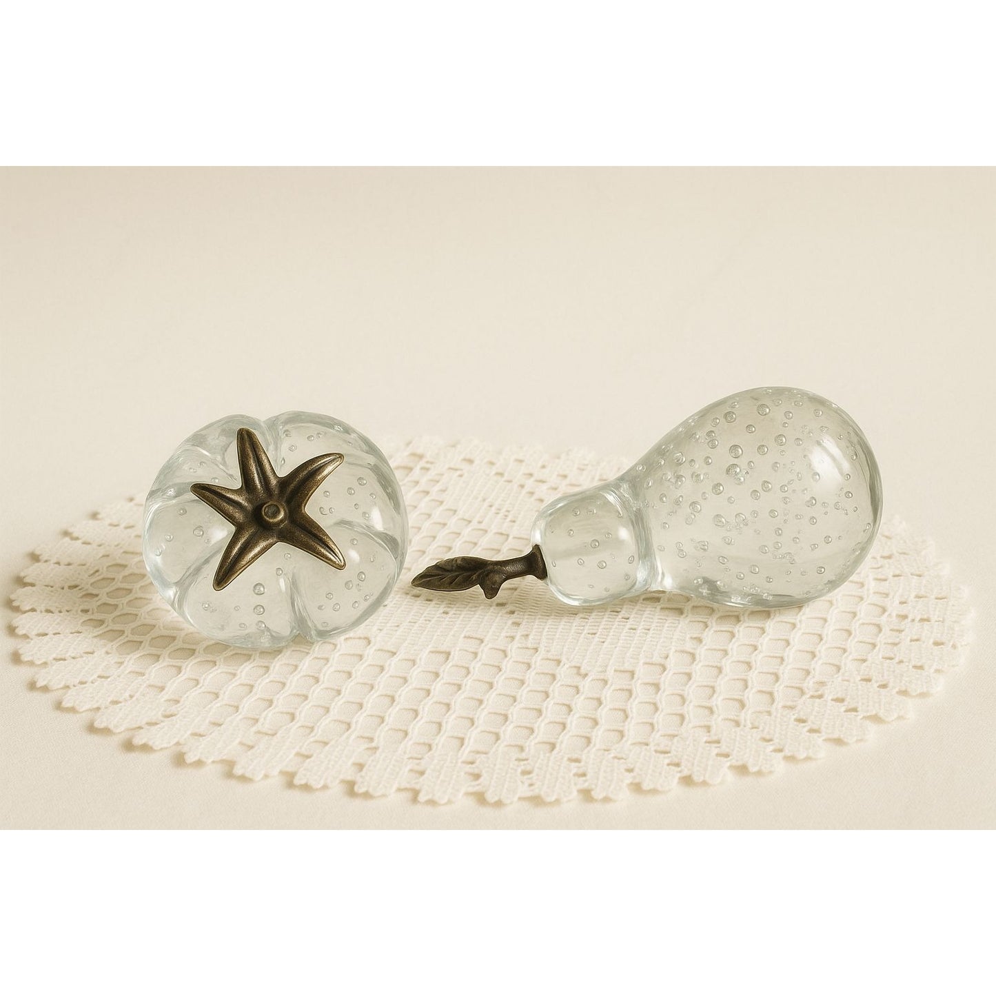 Vintage Art Glass Pumpkin & Pear Paperweight Set – Clear Bubble Controlled Glass
