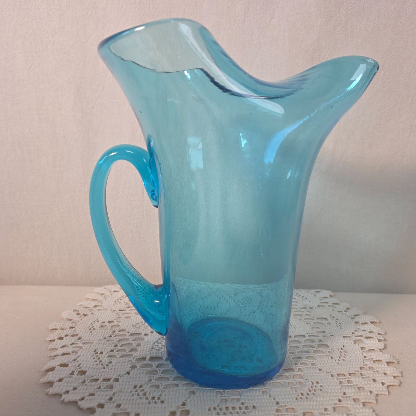 Hand Blown Blue Glass Pitcher With Flared Rim & Handle Unique Bubbling Pattern 8 1/2" Tall
