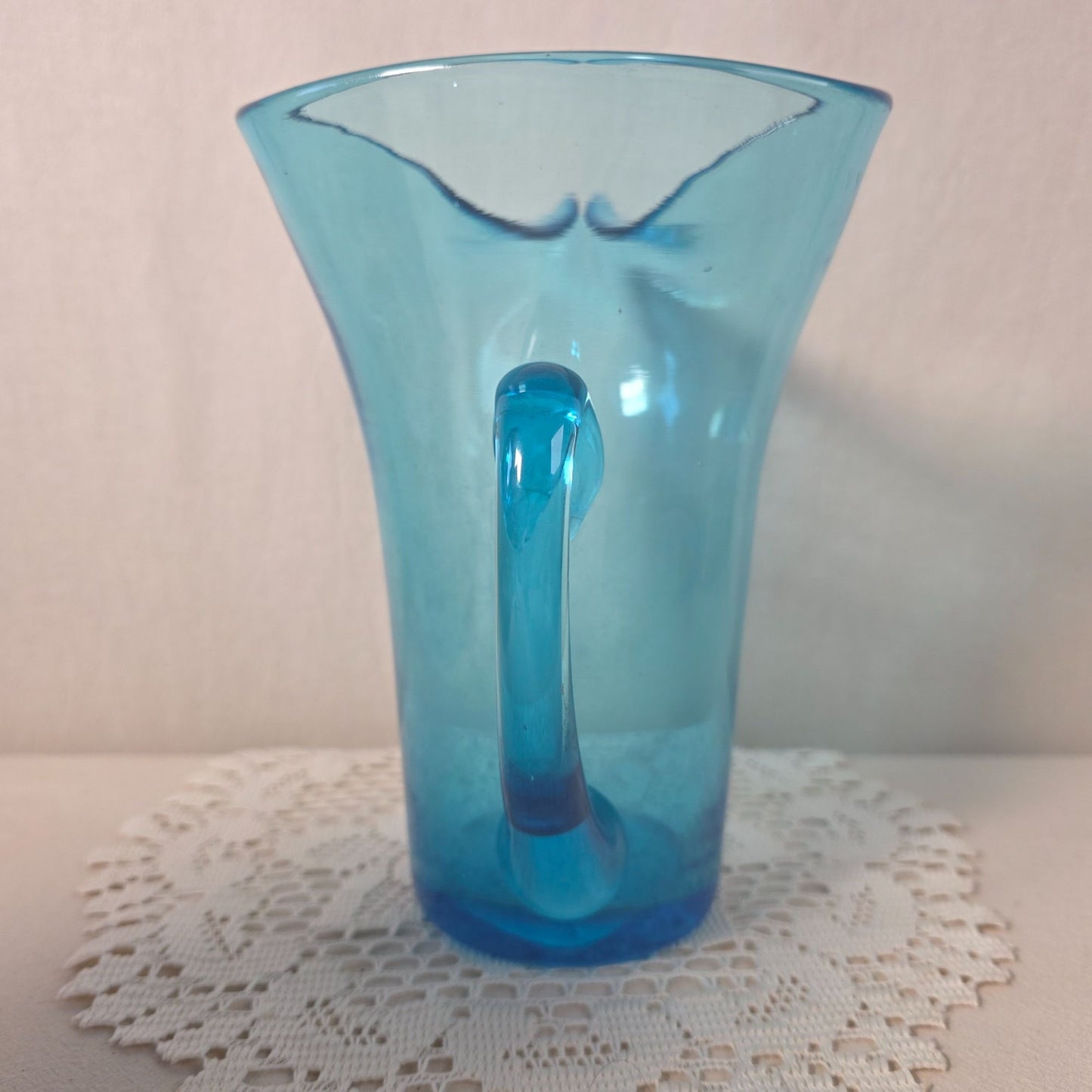 Hand Blown Blue Glass Pitcher With Flared Rim & Handle Unique Bubbling Pattern 8 1/2" Tall