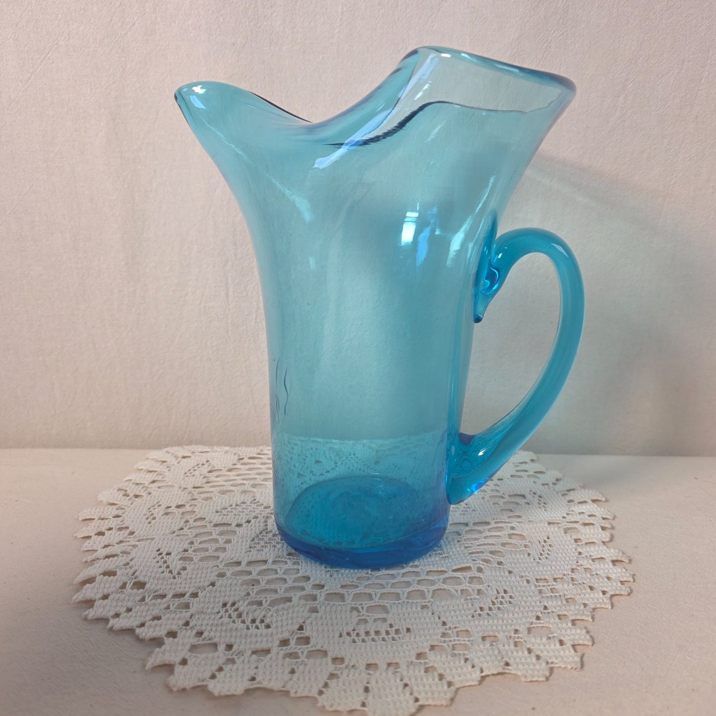 Hand Blown Blue Glass Pitcher With Flared Rim & Handle Unique Bubbling Pattern 8 1/2" Tall