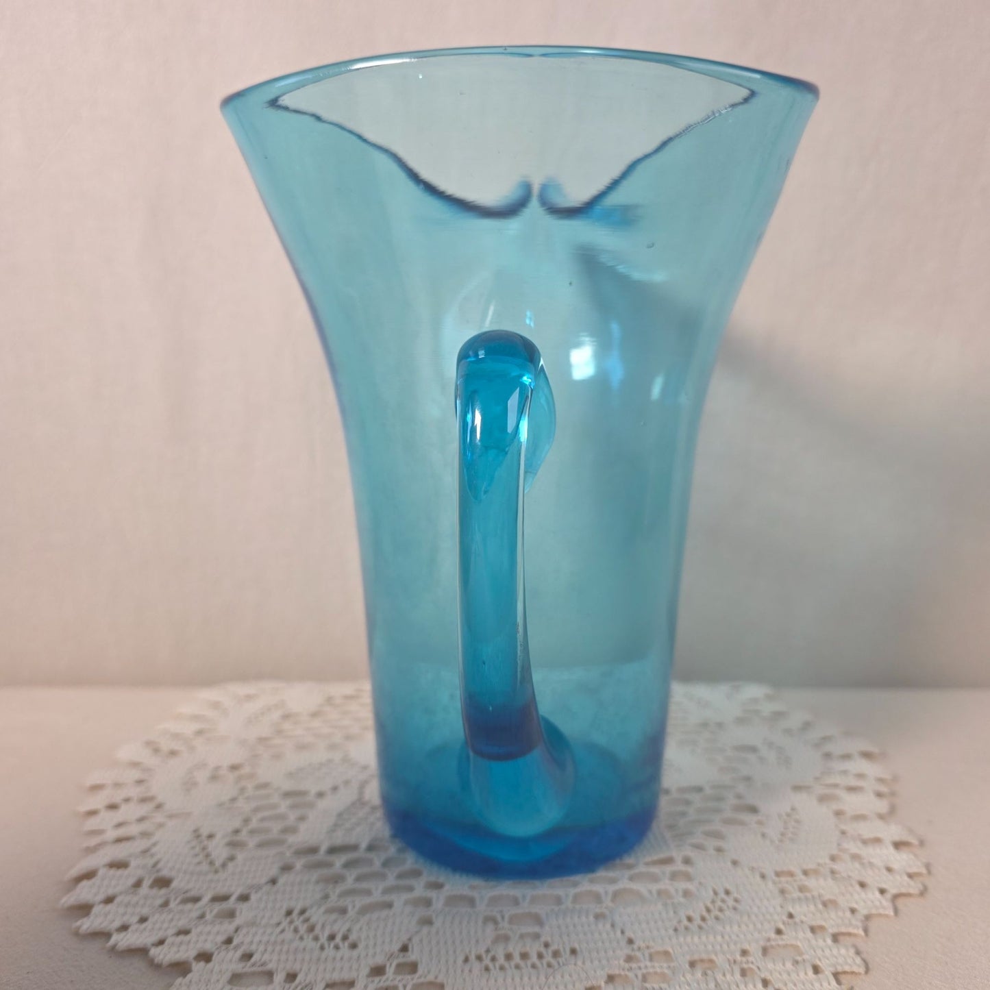 Hand Blown Blue Glass Pitcher With Flared Rim & Handle Unique Bubbling Pattern 8 1/2" Tall