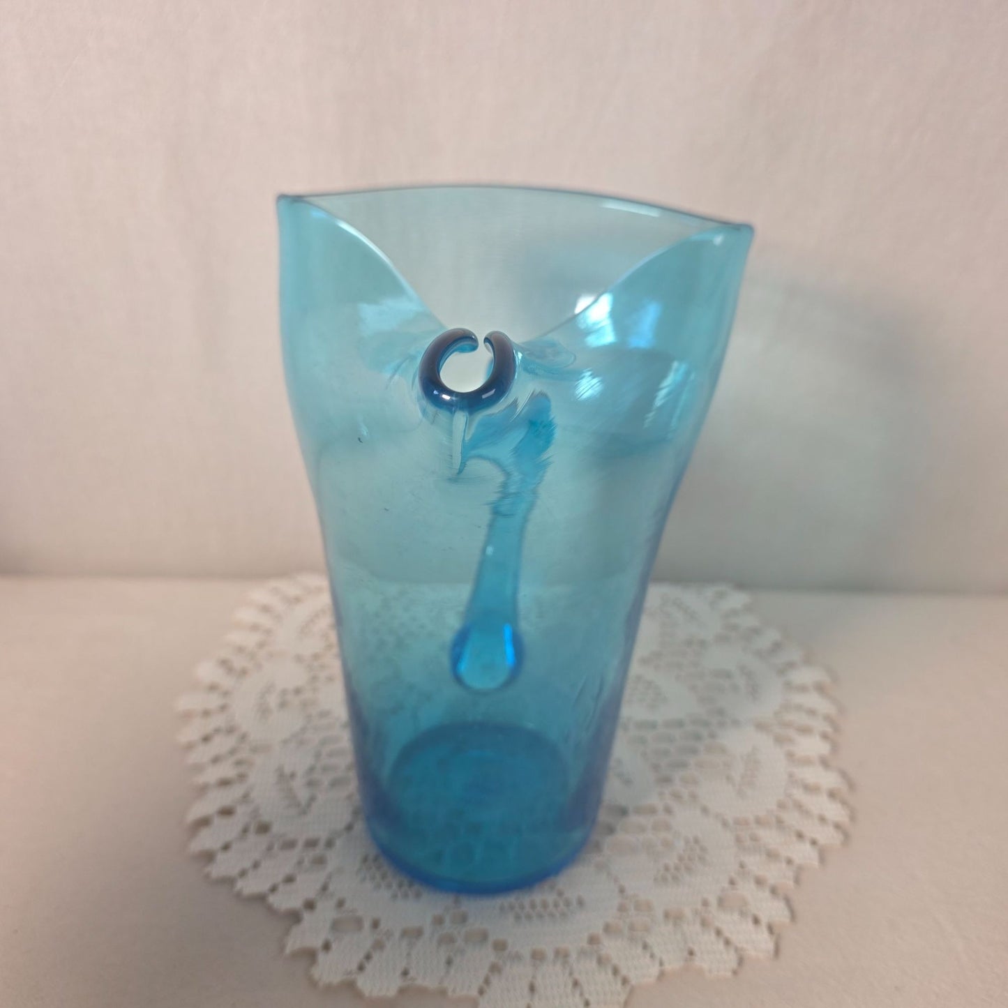 Hand Blown Blue Glass Pitcher With Flared Rim & Handle Unique Bubbling Pattern 8 1/2" Tall