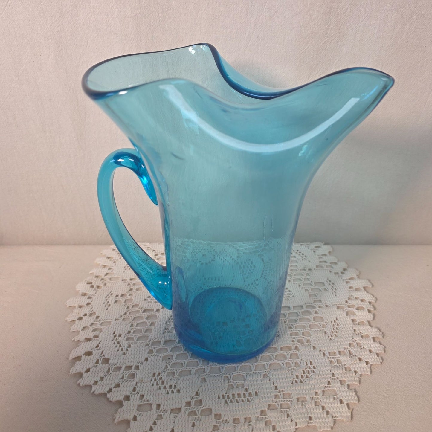 Hand Blown Blue Glass Pitcher With Flared Rim & Handle Unique Bubbling Pattern 8 1/2" Tall