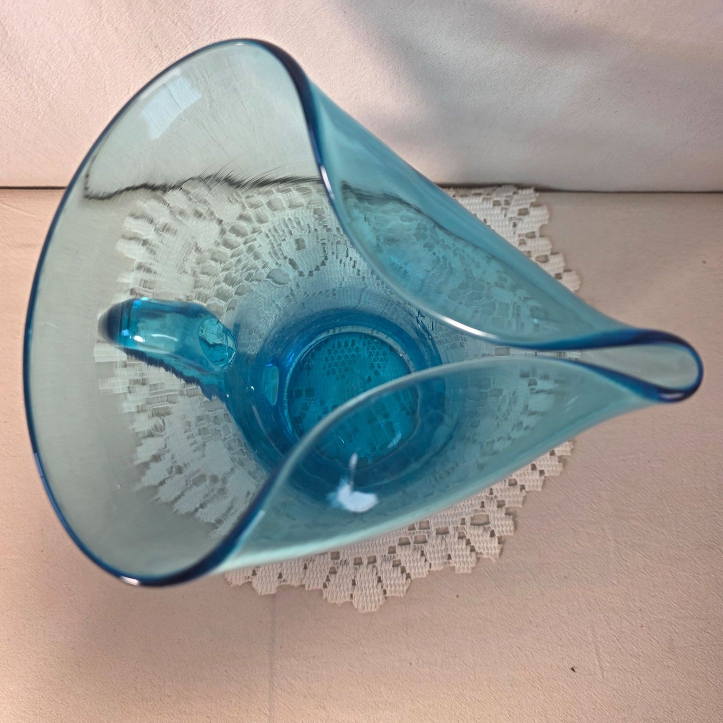 Hand Blown Blue Glass Pitcher With Flared Rim & Handle Unique Bubbling Pattern 8 1/2" Tall