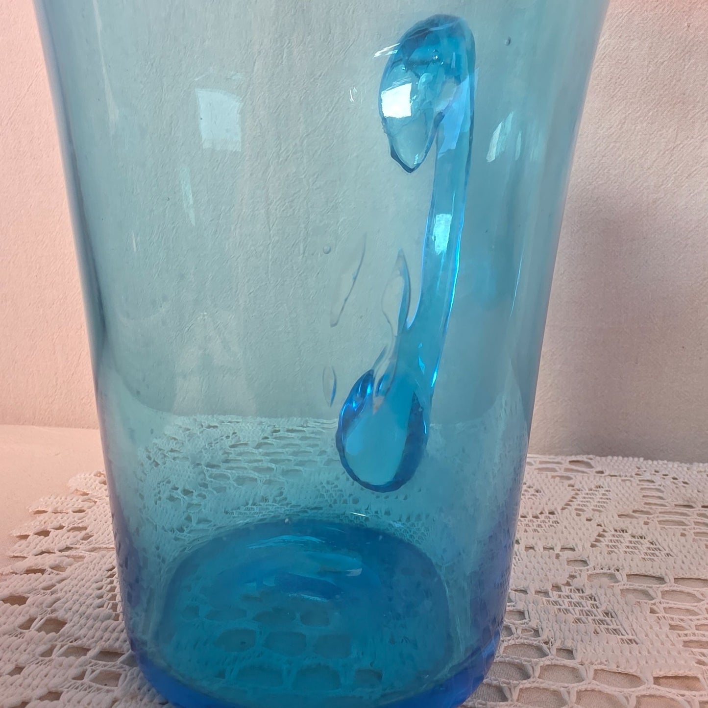 Hand Blown Blue Glass Pitcher With Flared Rim & Handle Unique Bubbling Pattern 8 1/2" Tall