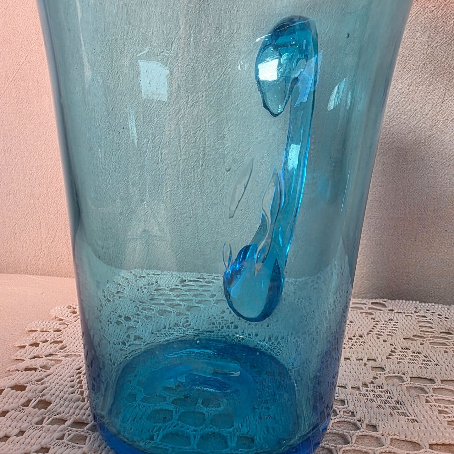 Hand Blown Blue Glass Pitcher With Flared Rim & Handle Unique Bubbling Pattern 8 1/2" Tall