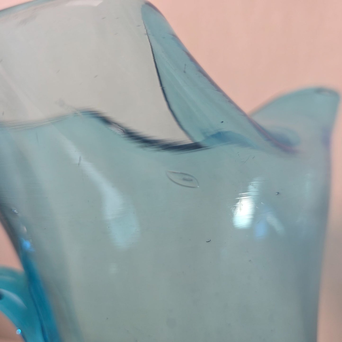 Hand Blown Blue Glass Pitcher With Flared Rim & Handle Unique Bubbling Pattern 8 1/2" Tall
