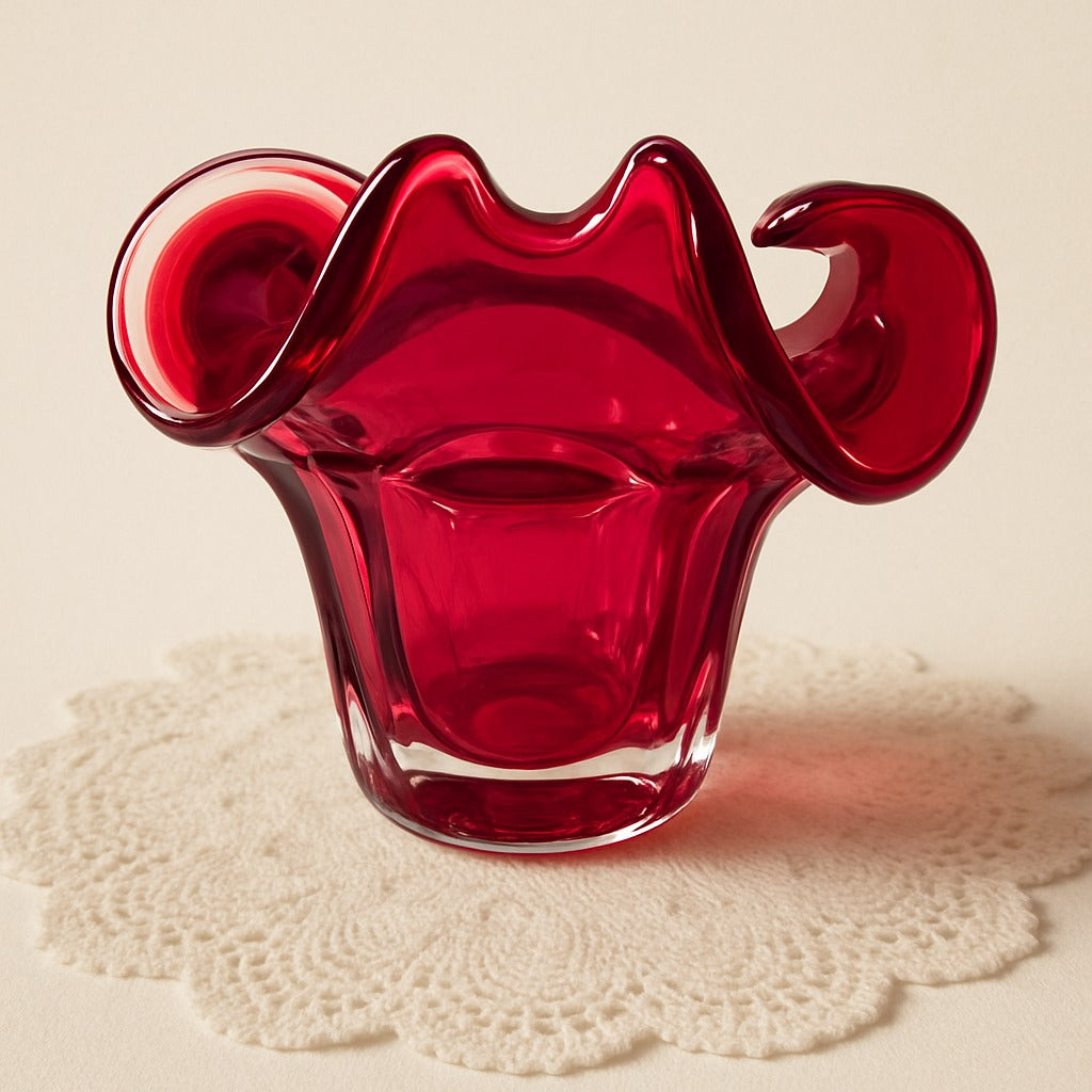 Vintage Ruby Red Art Glass Vase – Mid-Century Modern – Crimped Ruffle Rim