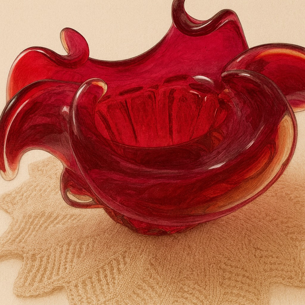 Vintage Ruby Red Art Glass Vase – Mid-Century Modern – Crimped Ruffle Rim