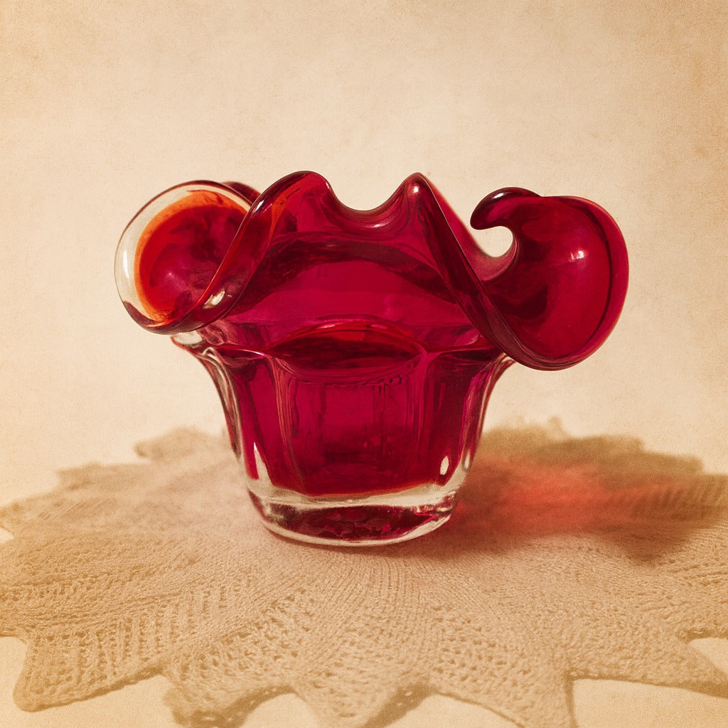 Vintage Ruby Red Art Glass Vase – Mid-Century Modern – Crimped Ruffle Rim