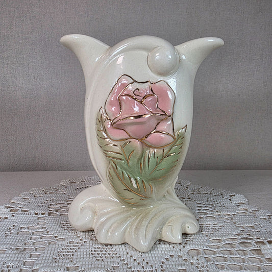 Vintage Royal Copley Vase Raised Pink Rose Design 6 inches