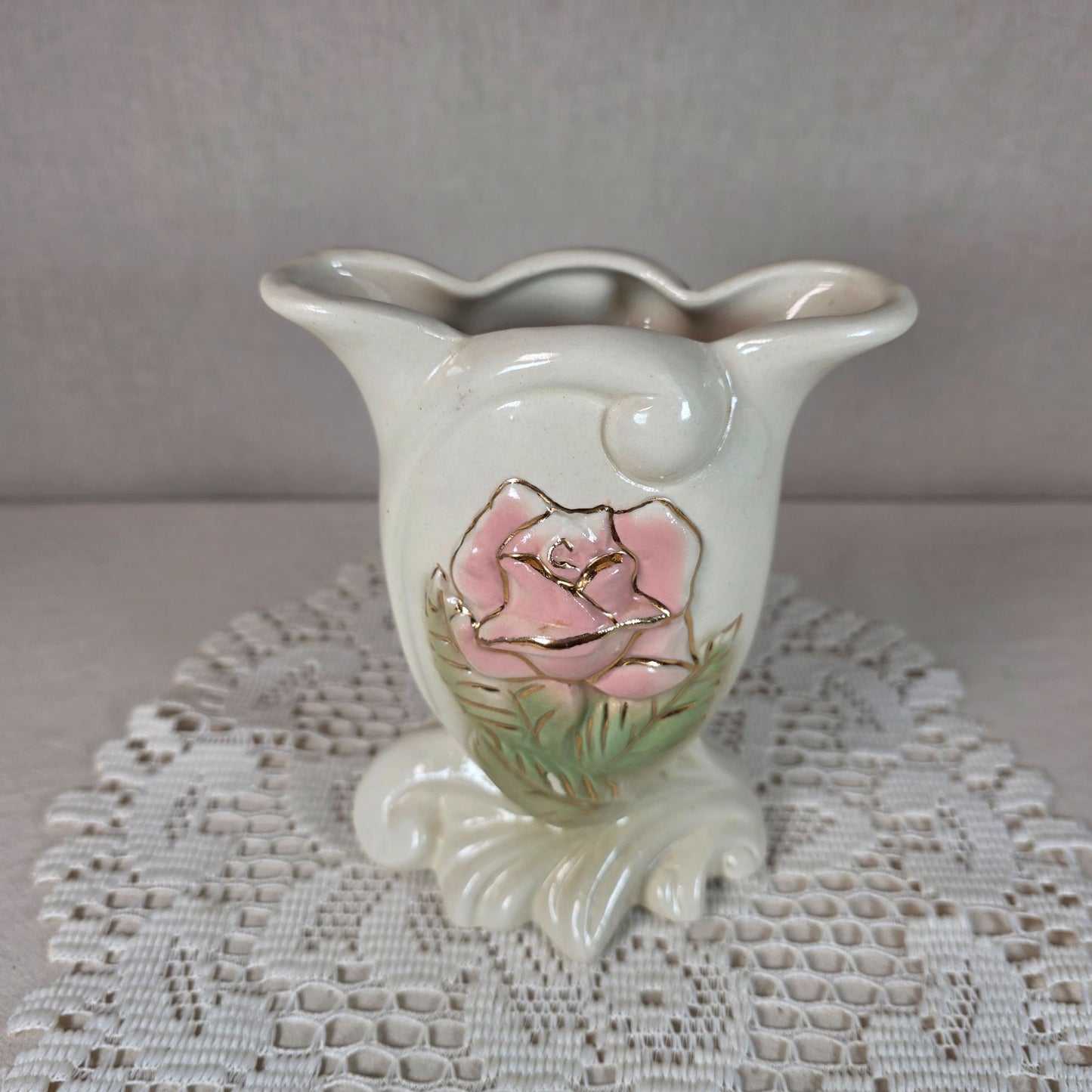 Vintage Royal Copley Vase Raised Pink Rose Design 6 inches