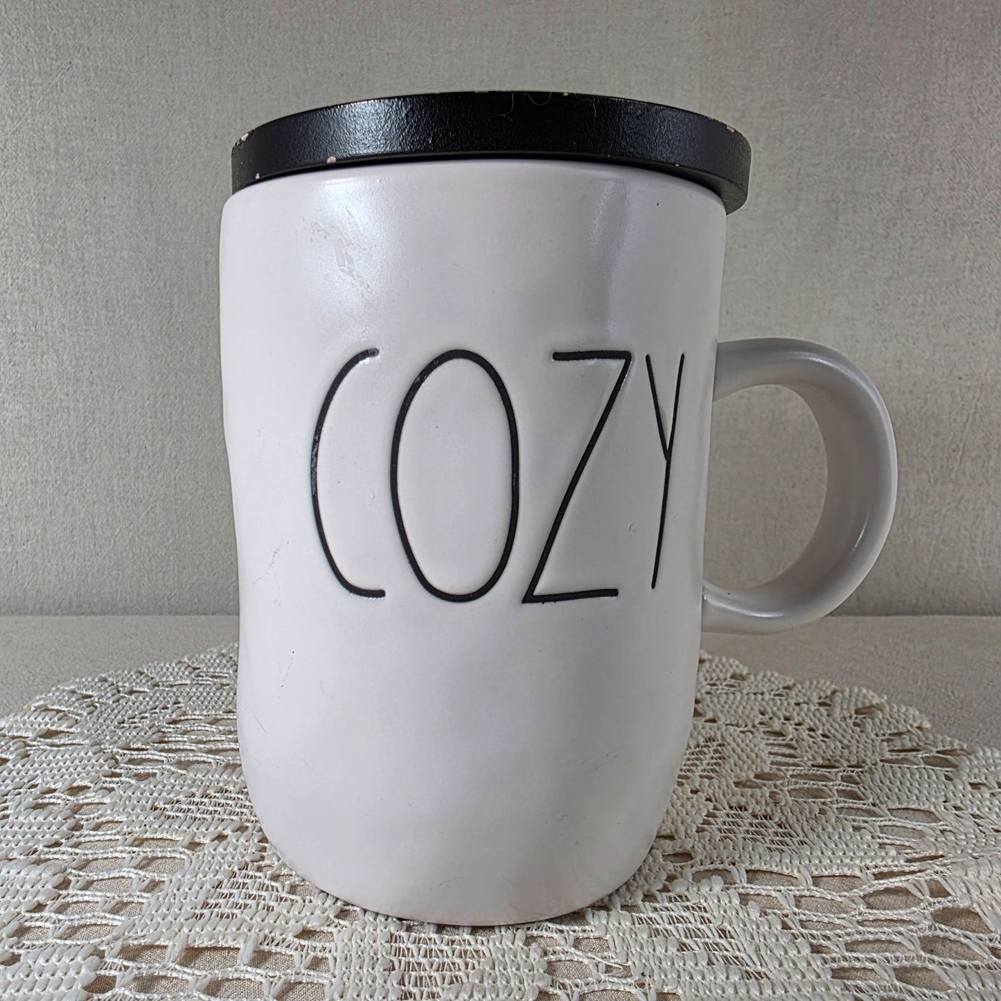 Rae Dunn Ceramic "Cozy" Mug With Black Lid 16 Oz Capacity White With Textured Finish For Hot & Cold Beverages