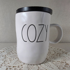 Rae Dunn Ceramic "Cozy" Mug With Black Lid 16 Oz Capacity White With Textured Finish For Hot & Cold Beverages