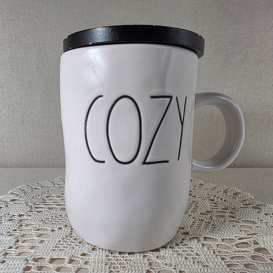 Rae Dunn Ceramic "Cozy" Mug With Black Lid 16 Oz Capacity White With Textured Finish For Hot & Cold Beverages