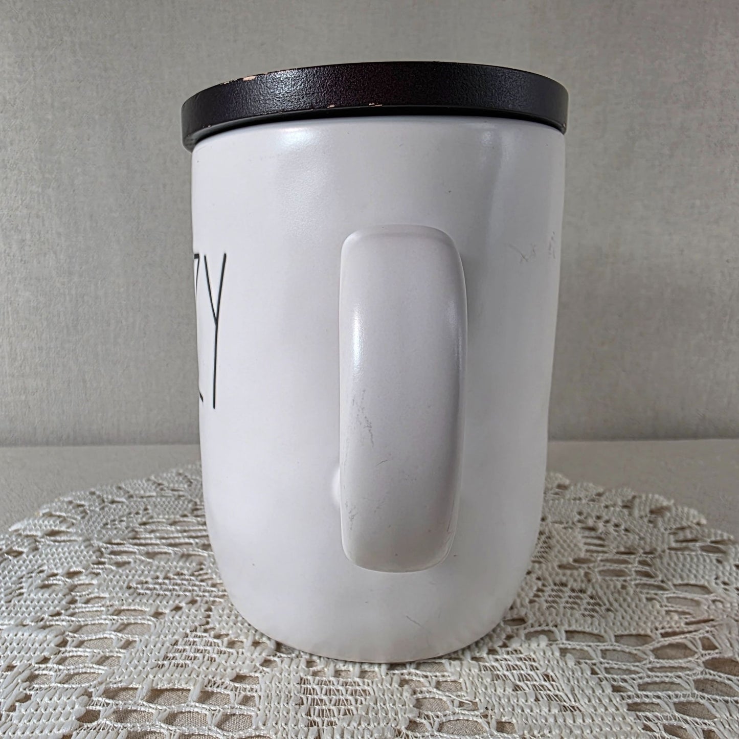Rae Dunn Ceramic "Cozy" Mug With Black Lid 16 Oz Capacity White With Textured Finish For Hot & Cold Beverages