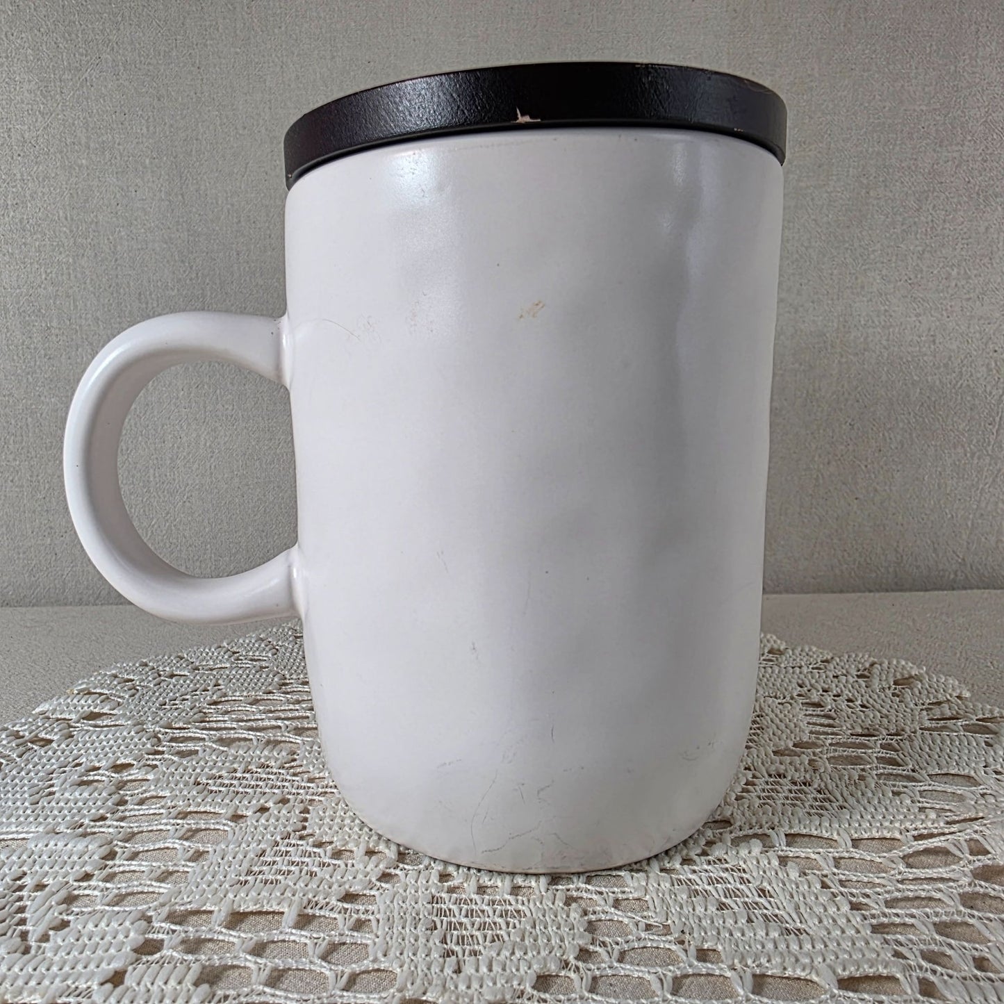 Rae Dunn Ceramic "Cozy" Mug With Black Lid 16 Oz Capacity White With Textured Finish For Hot & Cold Beverages
