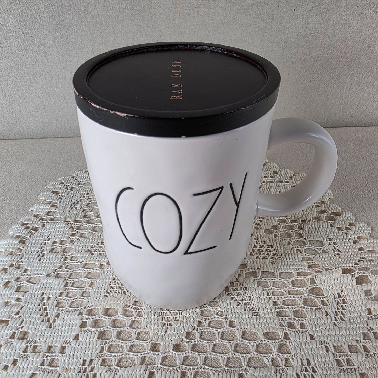 Rae Dunn Ceramic "Cozy" Mug With Black Lid 16 Oz Capacity White With Textured Finish For Hot & Cold Beverages
