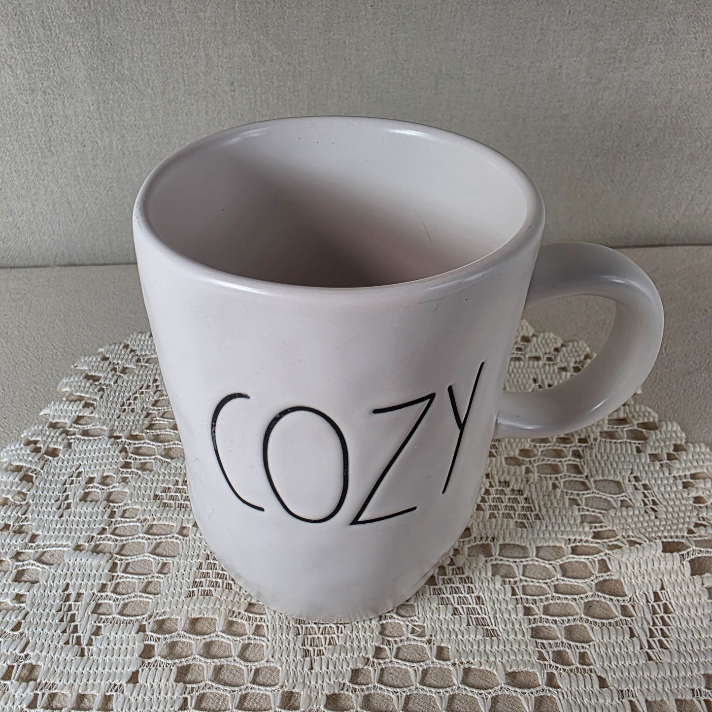 Rae Dunn Ceramic "Cozy" Mug With Black Lid 16 Oz Capacity White With Textured Finish For Hot & Cold Beverages