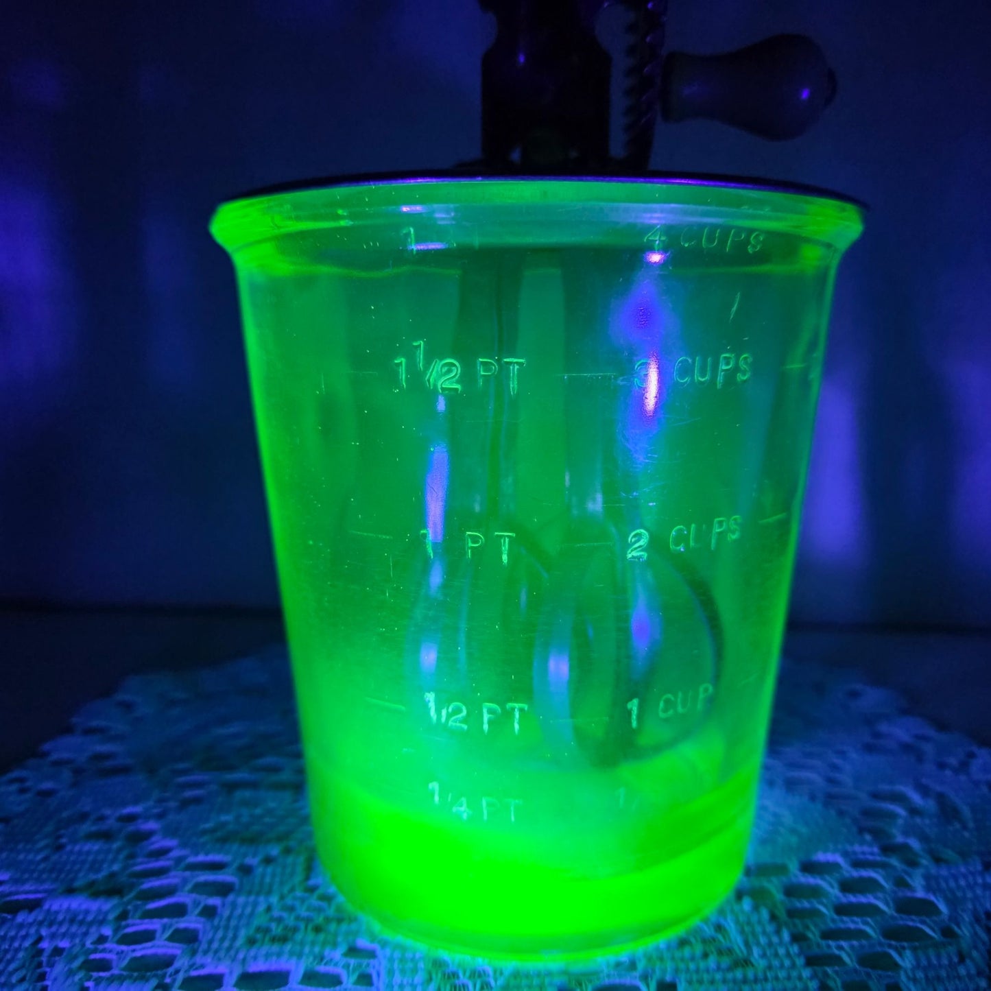 Vintage Uranium Glass Beater Jar Complete Green Depression Glass Mixer Jar Glows Under UV