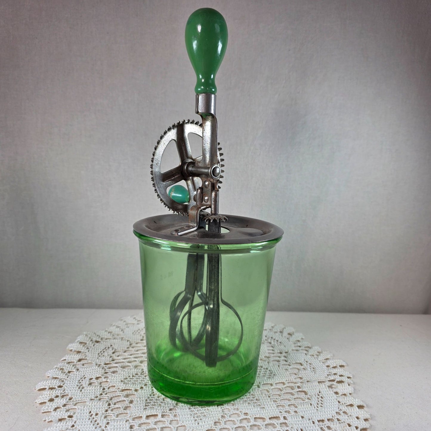 Vintage Uranium Glass Beater Jar Complete Green Depression Glass Mixer Jar Glows Under UV