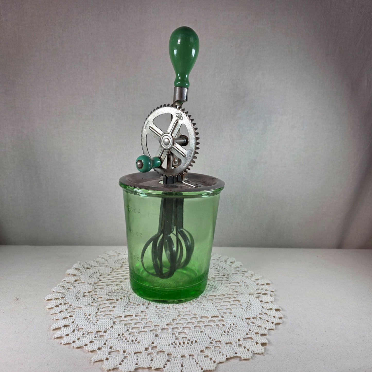 Vintage Uranium Glass Beater Jar Complete Green Depression Glass Mixer Jar Glows Under UV