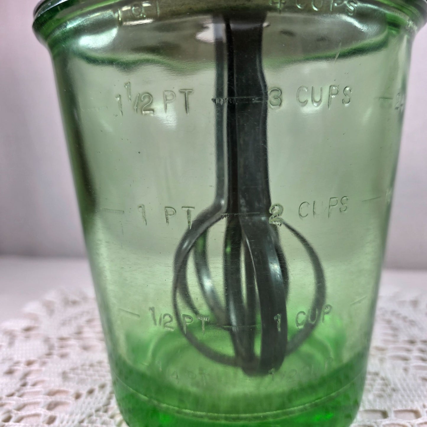 Vintage Uranium Glass Beater Jar Complete Green Depression Glass Mixer Jar Glows Under UV